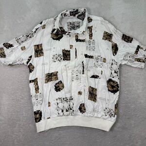 VTG Alan Stuart Mens XL White Brown Abstract Print Rayon Short Sleeve Polo Shirt